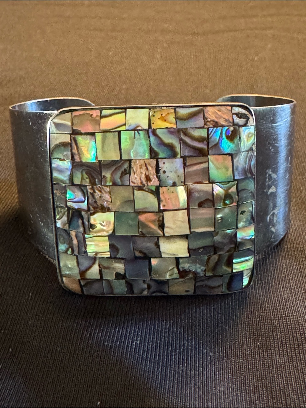 Wide Abalone Mosaic Inlay Cuff Bracelet - Silver Tone Artisan Statement Bracelet
